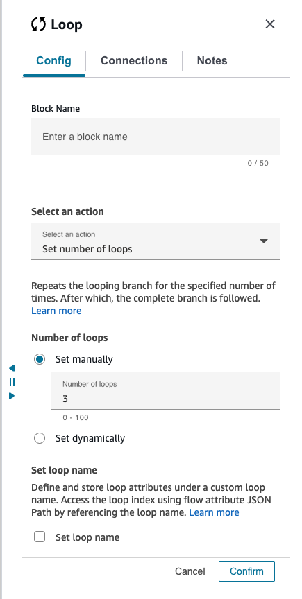 The properties page of the Loop block.